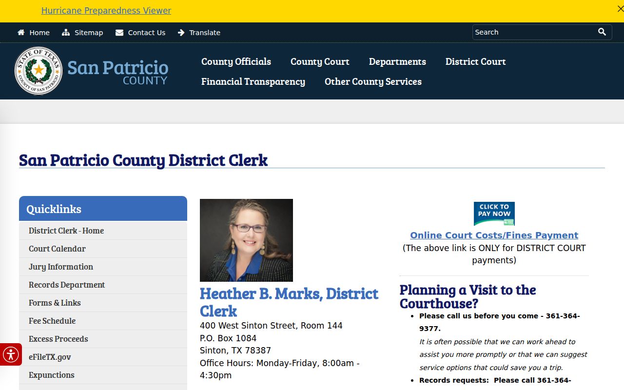 San Patricio County arrest warrants, District Clerk criminal records contact