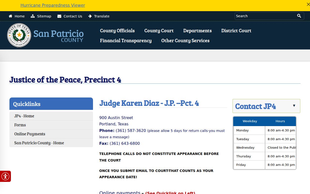 San Patricio County bench warrants, JP4 hours and court contact