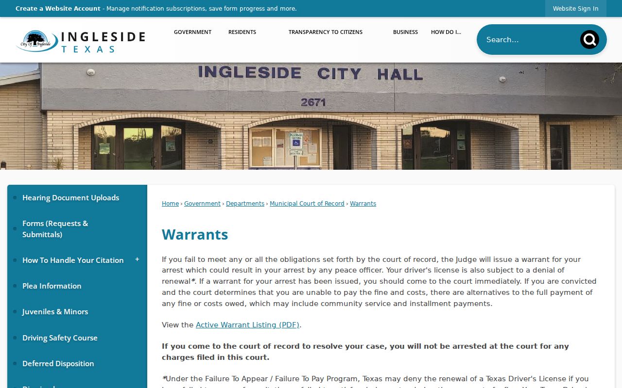 Ingleside warrant records, municipal warrants page and dated-list notice